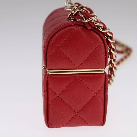 CHANEL Small Box Matelasse Chain Pouch Lamb Skin Red CC Auth - Picture 4 of 15